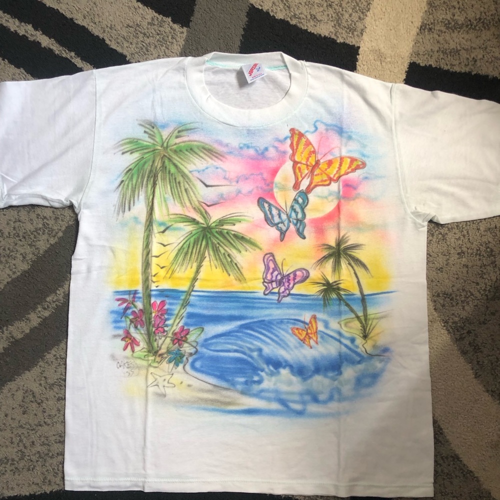 Jerzees White Tropical Butterfly Beach Graphic Tee - Multicolor